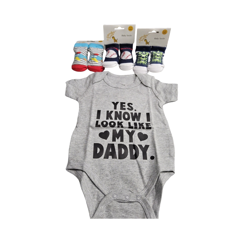 New Gray Baby Onesie with 3 pair Socks